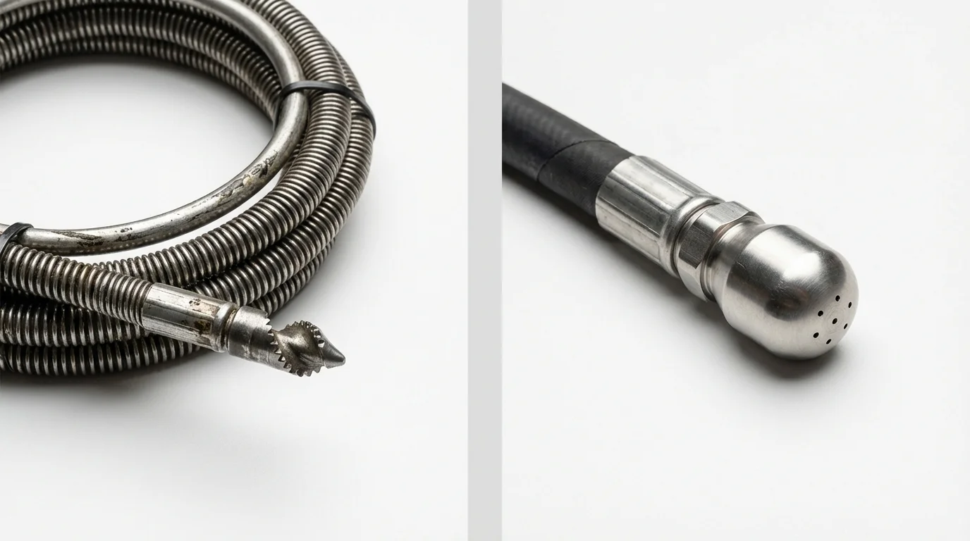 Drain snake cable and hydro jetting nozzle used for drain cleaning in Fayetteville, NY
