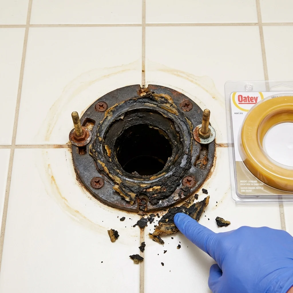 Failed wax ring showing water seepage at the base of a toilet in a Fayetteville, NY home