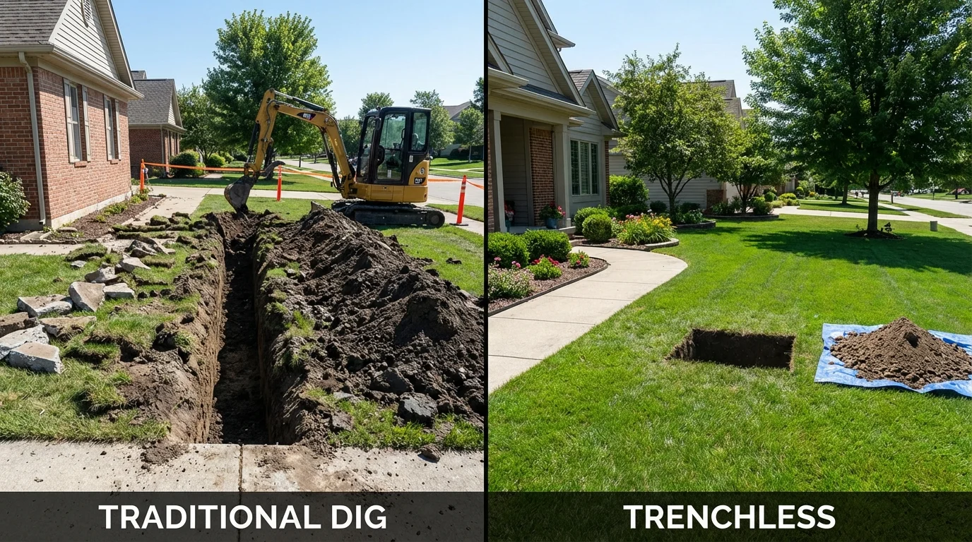 Trenchless sewer repair with minimal yard damage versus traditional excavation in Fayetteville, NY