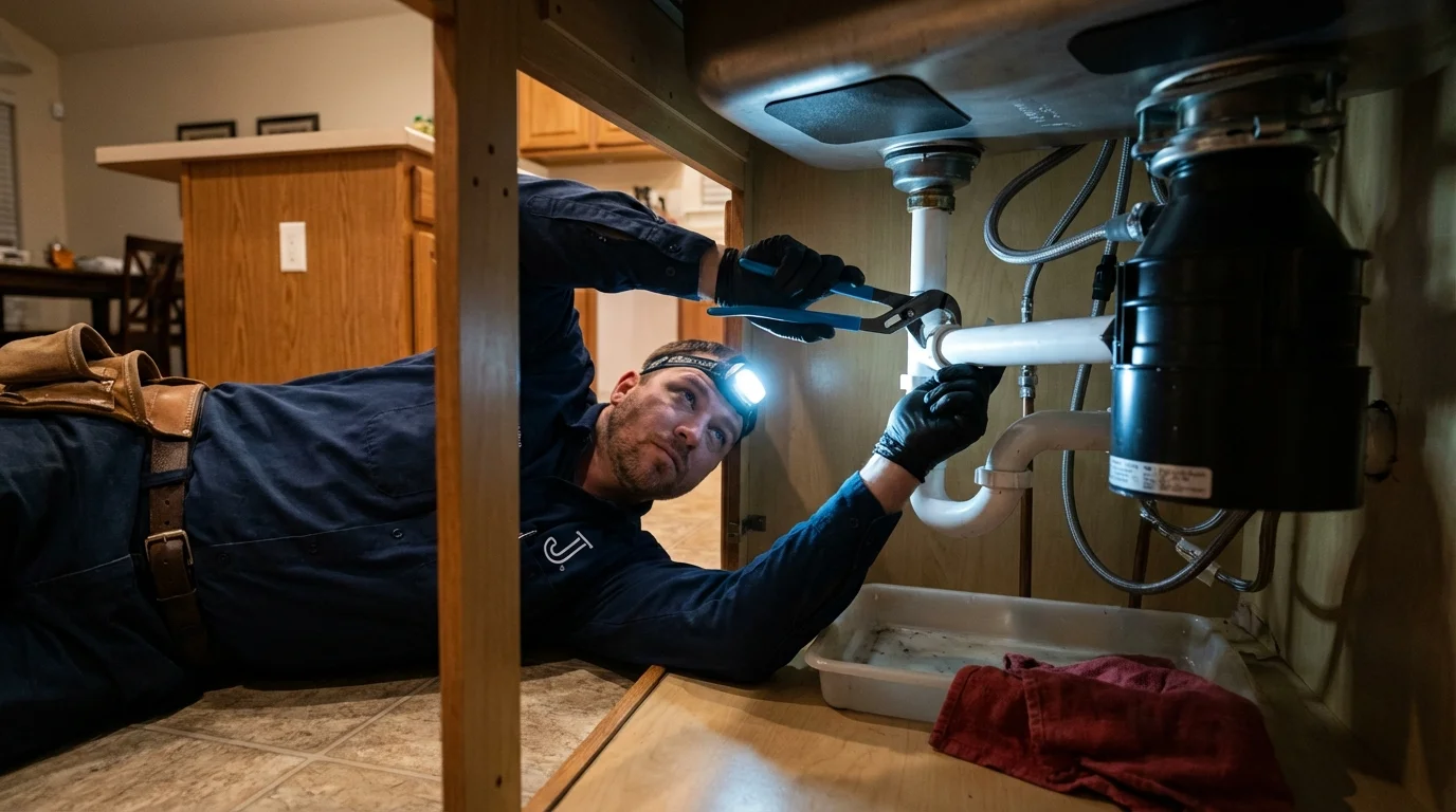 P-trap and supply line connections under a kitchen sink showing a common leak point in Fayetteville, NY